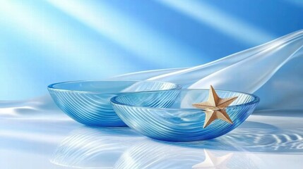 Poster - Two elegant blue bowls with a starfish, set against a soft blue backdrop.