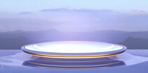 Aufkleber - A futuristic platform emitting light against a serene landscape backdrop.