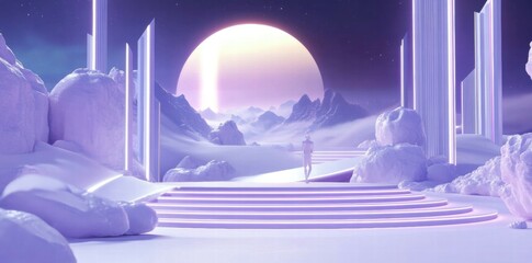 Aufkleber - A surreal landscape featuring ethereal structures and a large glowing celestial body.