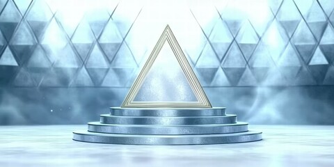 Poster - A luminous triangular pedestal surrounded by a misty, geometric backdrop.