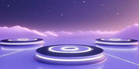 Aufkleber - A futuristic landscape with circular platforms under a starry sky and soft mountains.