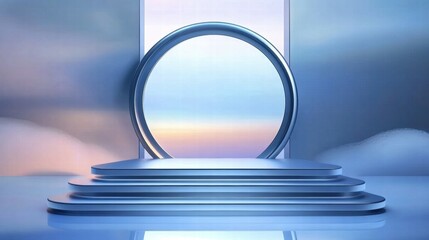 Poster - A serene stage with a circular backdrop and soft clouds, suggesting a peaceful setting.