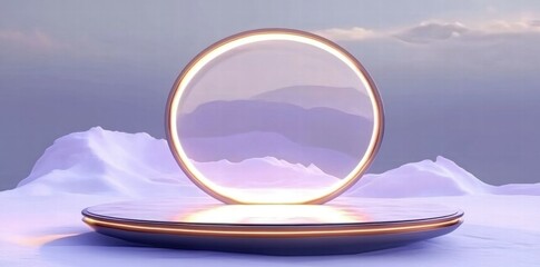 Aufkleber - A futuristic circular portal on a reflective platform amidst a serene snowy landscape.