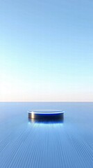 Poster - A minimalist platform illuminated with blue light against a serene sky and water backdrop.