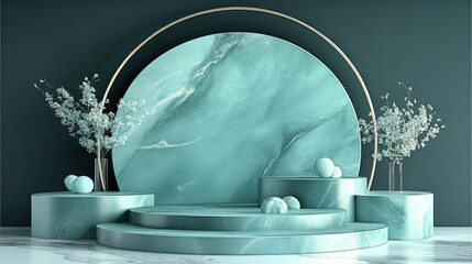 Poster - A modern display featuring teal marble-like structures and floral arrangements.
