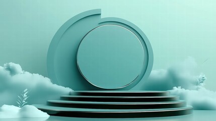 Aufkleber - A minimalist stage design with circular and curved elements, set against a soft backdrop.