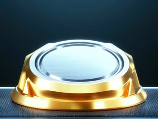 Poster - A shiny golden button on a textured surface, reflecting light in a sleek environment.