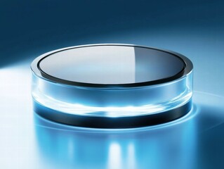 Aufkleber - A sleek circular device with a reflective surface and illuminated base, suggesting advanced technology.