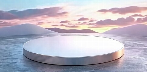 Poster - A reflective circular platform set against a serene landscape at sunset.