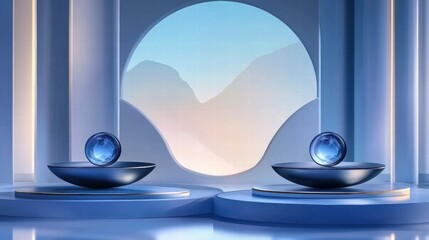 Poster - A serene, modern display with two spherical objects on elegant bases against a soft backdrop.