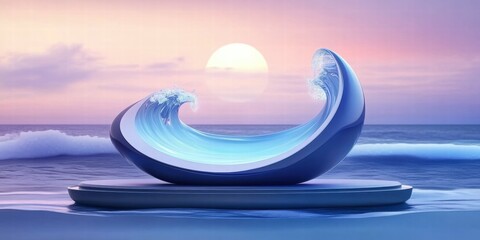 Poster - A stylized wave sculpture against a serene sunset backdrop on a beach.