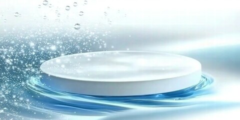 Poster - A sleek, circular object resting on water, surrounded by sparkling droplets.