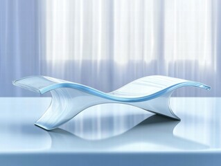 Poster - A sleek, modern glass sculpture with a wave-like design, displayed on a reflective surface.