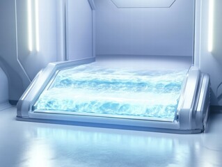 Fototapete - A futuristic platform with flowing water, suggesting a high-tech environment.