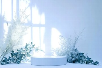 Poster - A minimalist display setup featuring a circular platform and decorative foliage.