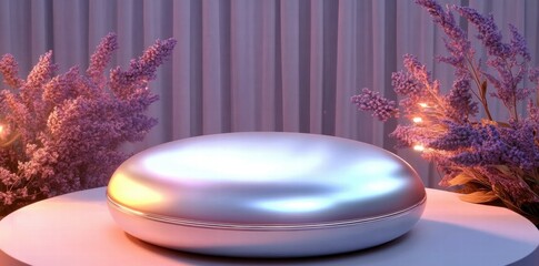 Poster - A sleek, reflective object on a table surrounded by lavender flowers and soft lighting.