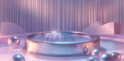 Poster - A serene, modern setting featuring a circular reflective pool surrounded by soft shapes and spheres.