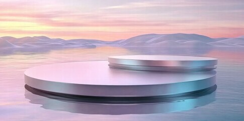 Poster - A serene digital landscape featuring circular platforms floating on water with a pastel sky.