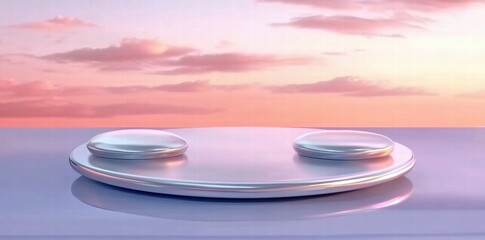 Poster - A minimalist design featuring two glass-like spheres on a reflective surface at sunset.
