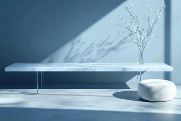 Poster - A minimalist interior scene featuring a sleek table, a soft pouf, and a delicate vase.
