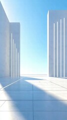 Poster - a serene architectural space with tall white structures under a bright blue sky.