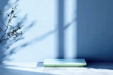 Poster - A minimalist scene featuring a green object on a surface with soft shadows and a plant.