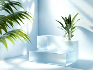 Poster - A serene arrangement of translucent blocks and a potted plant in a softly lit space.