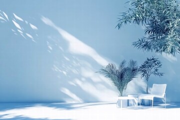 Poster - A serene space featuring a minimalist design with a chair, table, and lush greenery.