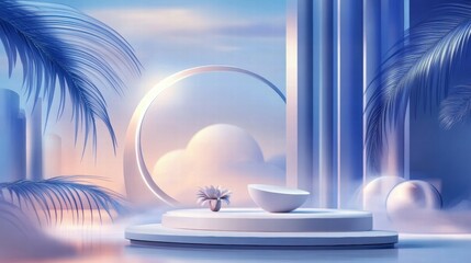 Poster - A serene, stylized environment with soft colors, featuring abstract shapes and nature elements.