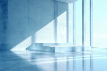 Poster - A minimalist interior space with large windows and a sleek concrete platform.