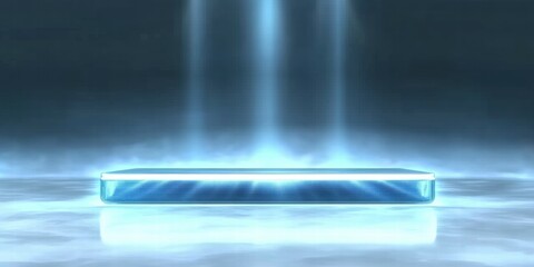 Poster - A glowing platform emitting light beams in a futuristic setting.