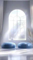 Wall Mural - A serene interior featuring two blue cushions and a large arched window with natural light.