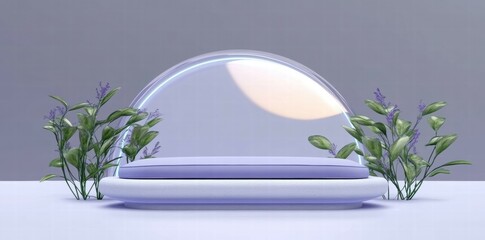 Poster - A minimalist design featuring a transparent dome over a cushion with surrounding plants.