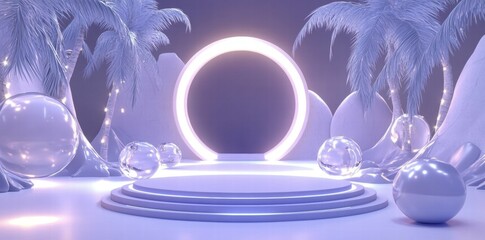 Poster - A futuristic, minimalistic scene featuring a glowing circle, spheres, and palm trees.