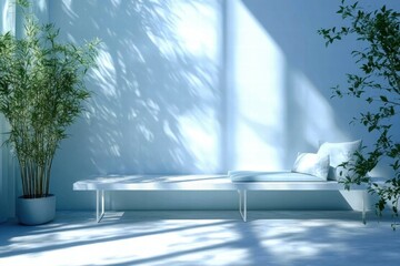 Poster - A serene space featuring a minimalist bench and lush plants, creating a calm atmosphere.
