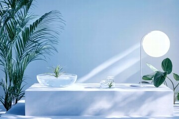 Poster - A serene indoor space featuring a minimalist design with plants and soft lighting.