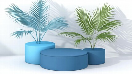 Poster - A modern arrangement of blue circular platforms with tropical plants.