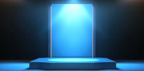 Poster - A blue-lit stage with a blank backdrop, ready for a performance or presentation.