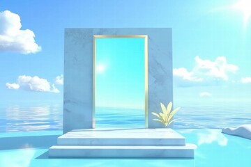 Poster - A serene portal framed in gold, leading to a tranquil blue ocean under a bright sky.