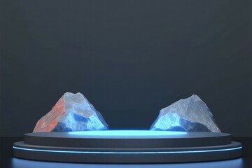 Poster - A futuristic display featuring two stylized rocks on a glowing platform.