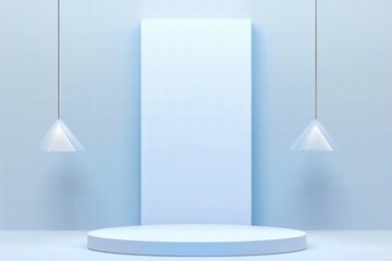 Poster - A minimalist display stage with a light blue backdrop and hanging geometric lights.