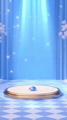 Poster - A serene blue stage with a glowing gem, illuminated by soft light and surrounded by clouds.