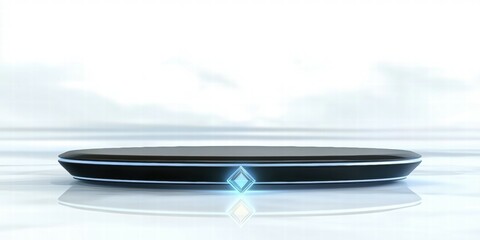 Poster - A sleek, futuristic platform with a glowing blue diamond, set against a bright background.