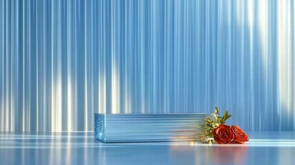 Poster - A serene blue background with a glass vase and red roses, evoking elegance and tranquility.