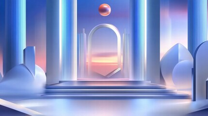 Aufkleber - A surreal, futuristic scene featuring arches, columns, and a glowing orb against a pastel sky.
