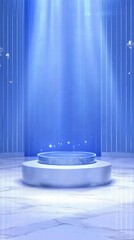 Poster - A serene blue-lit platform with a circular base, illuminated by soft beams of light.