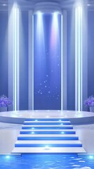 Poster - A bright, elegant stage with blue lighting and floral decorations, ideal for events or performances.