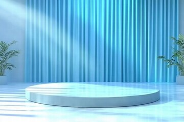 Poster - A minimalist stage setup with blue curtains and plants, suitable for presentations or events.