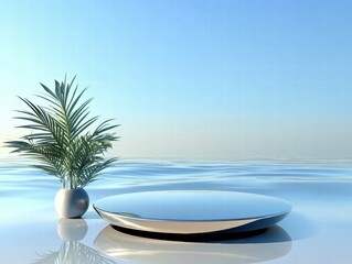 Poster - A serene scene featuring a reflective surface and a potted plant by calm waters.