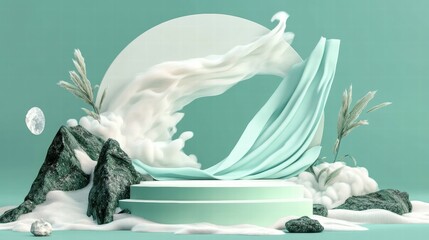 Poster - A serene abstract composition featuring flowing fabric, rocks, and soft clouds in a mint setting.